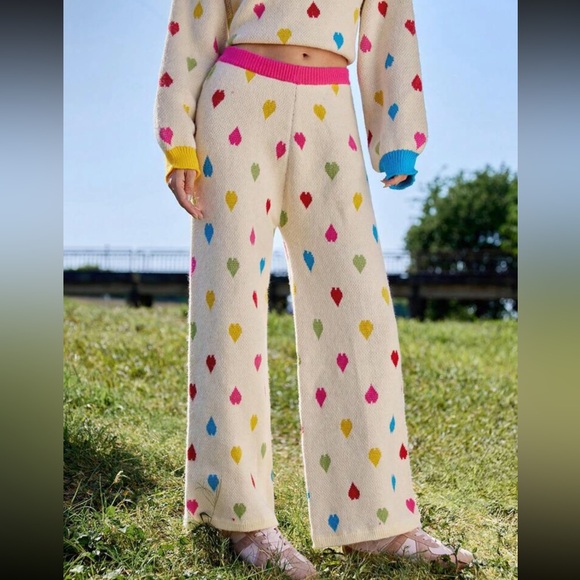 Heart sweater pants 2 PCS SET knit rainbow multicolor hearts cream pink - Picture 2 of 4